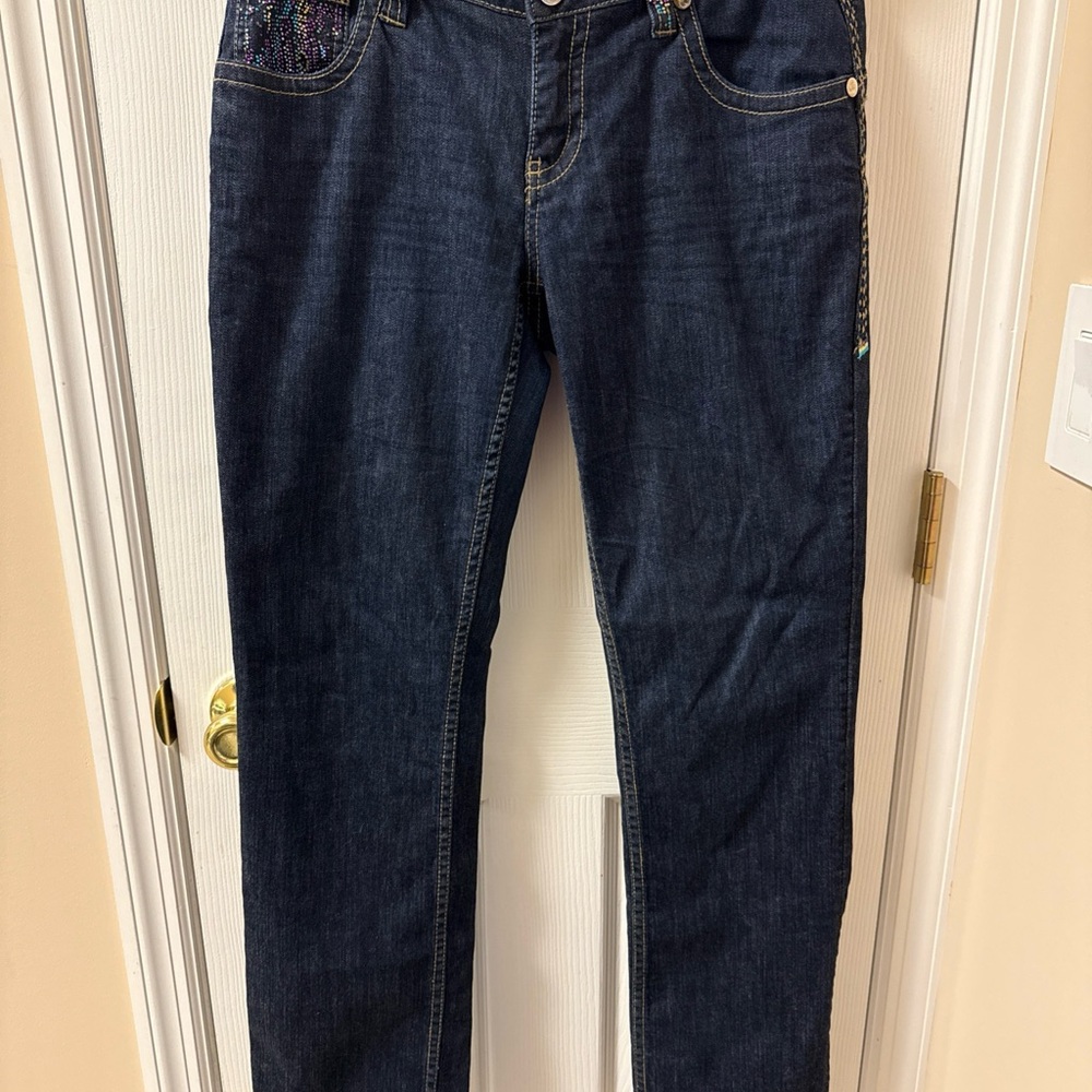 COOGI Jeans Women 11/12 (inseam 32) Straight Embroidered Rhinestone Dark Wash